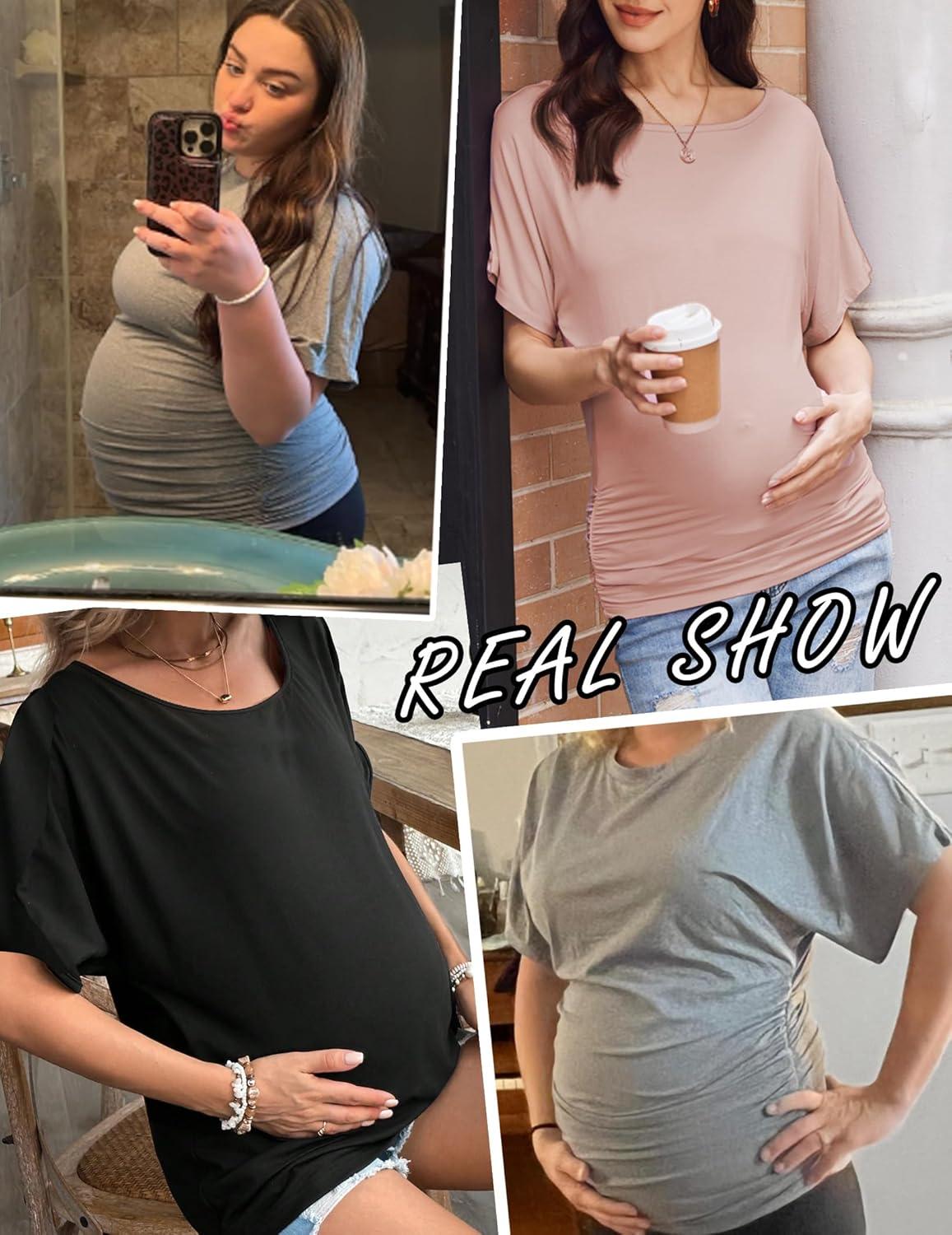 imageEkouaer Maternity Shirts 3 Packs Dolman Sleeve Side Ruched Tops Tunic Casual Pregnancy ClothesBlackMisty RoseLight Grey