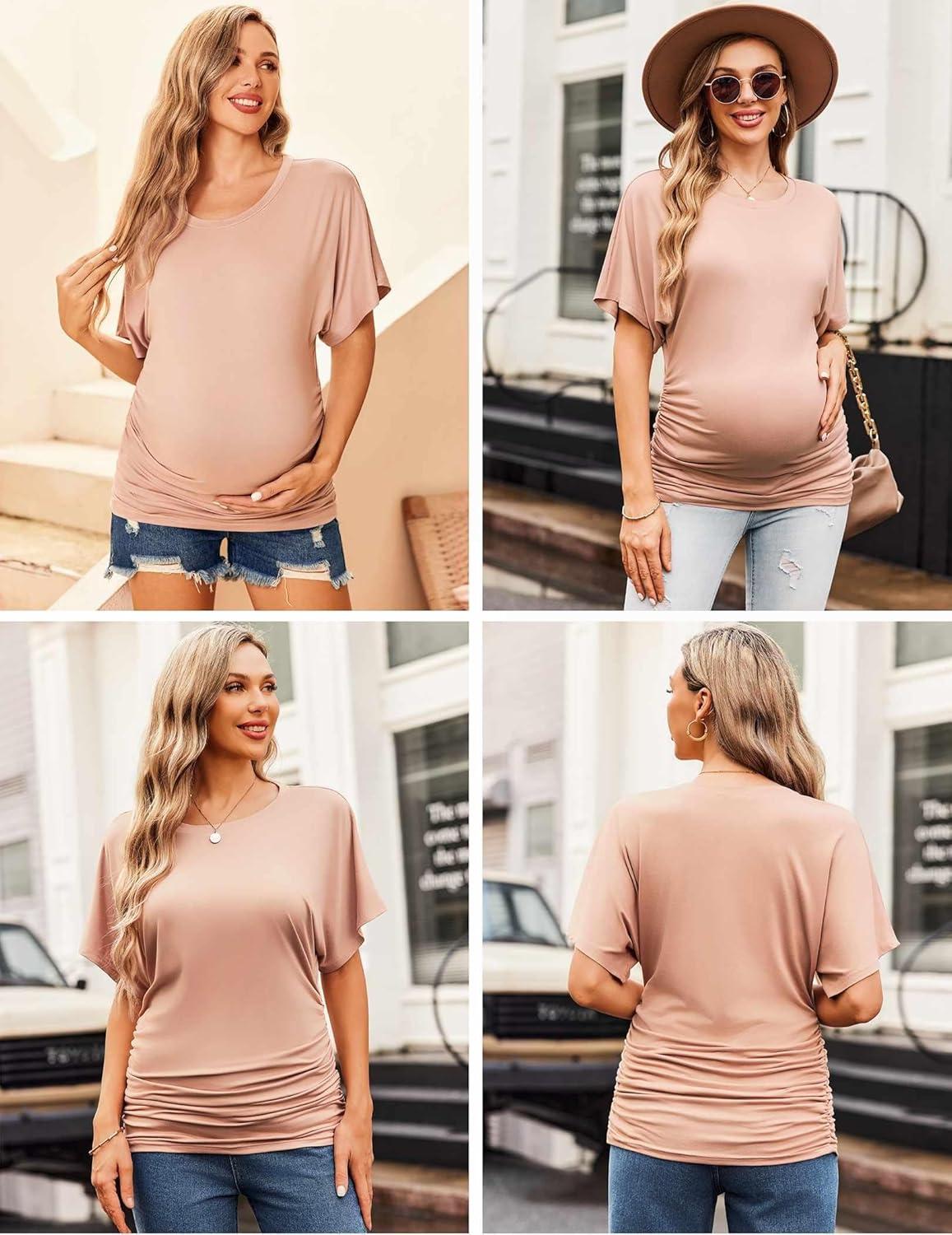 imageEkouaer Maternity Shirts 3 Packs Dolman Sleeve Side Ruched Tops Tunic Casual Pregnancy ClothesBlackMisty RoseLight Grey