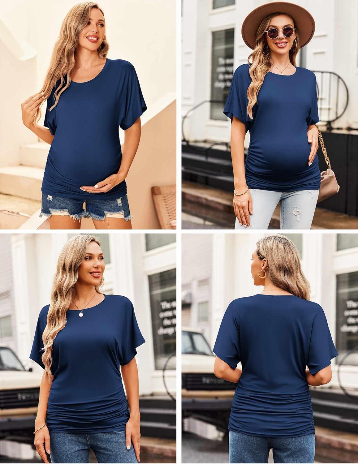 imageEkouaer Maternity Shirts 3 Packs Dolman Sleeve Side Ruched Tops Tunic Casual Pregnancy ClothesBlackNavy BlueDark Gray