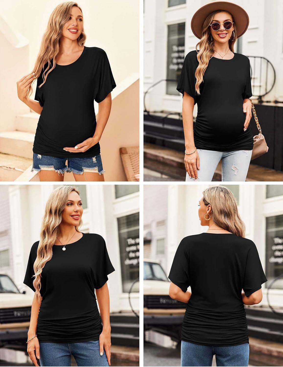 imageEkouaer Maternity Shirts 3 Packs Dolman Sleeve Side Ruched Tops Tunic Casual Pregnancy ClothesBlackNavy BlueDark Gray