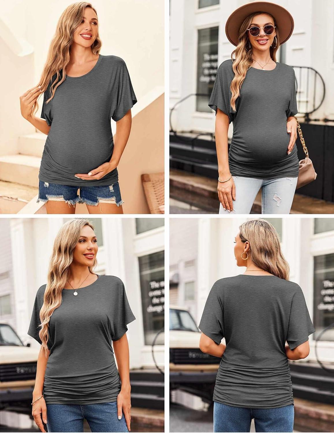 imageEkouaer Maternity Shirts 3 Packs Dolman Sleeve Side Ruched Tops Tunic Casual Pregnancy ClothesBlackNavy BlueDark Gray