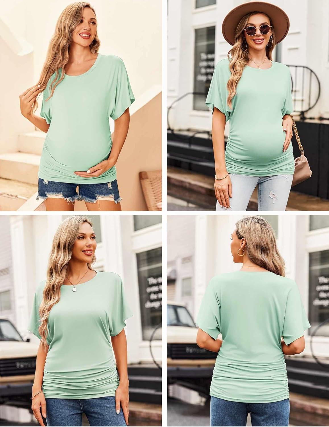 imageEkouaer Maternity Shirts 3 Packs Dolman Sleeve Side Ruched Tops Tunic Casual Pregnancy ClothesGrayDark RedGreen