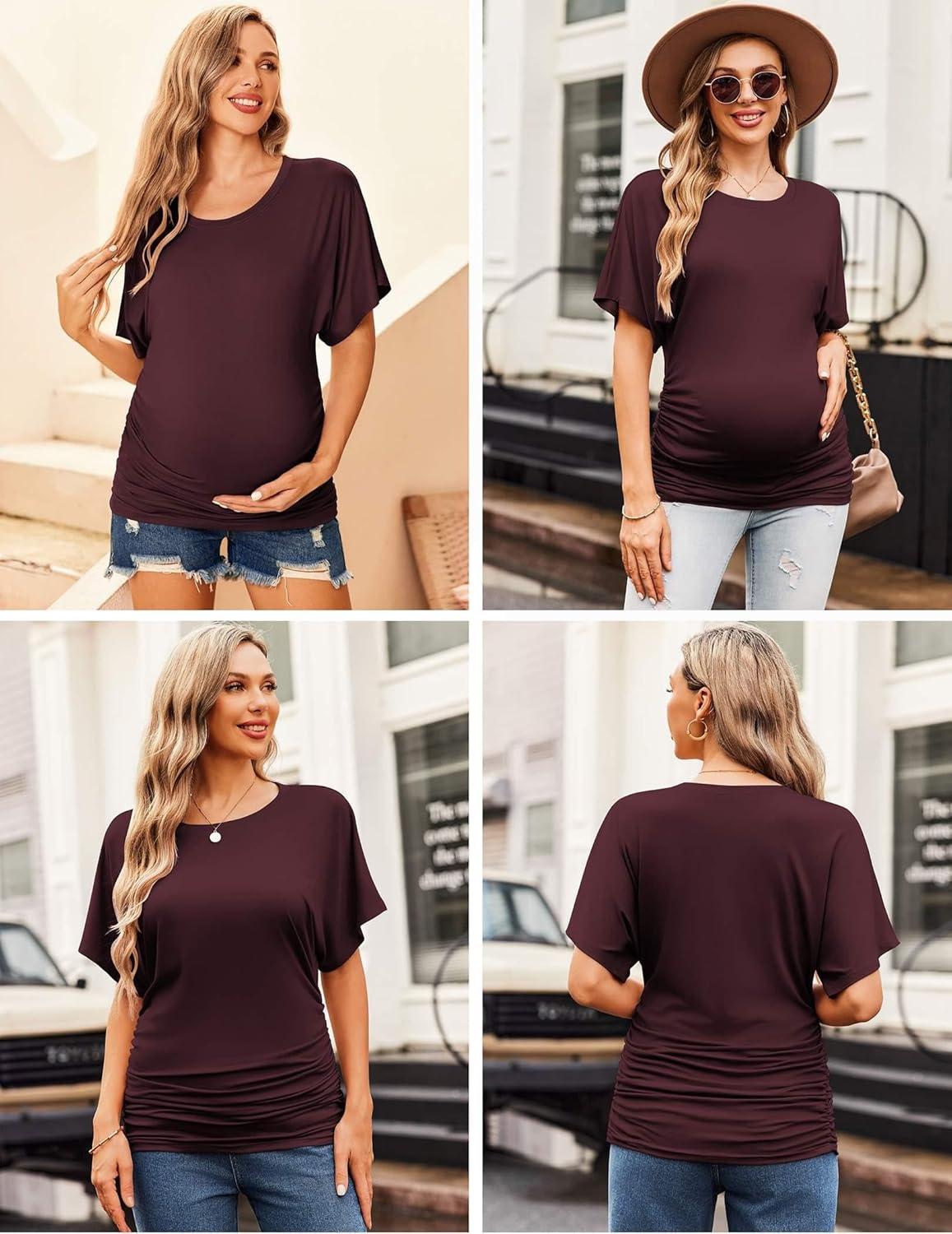 imageEkouaer Maternity Shirts 3 Packs Dolman Sleeve Side Ruched Tops Tunic Casual Pregnancy ClothesGrayDark RedGreen
