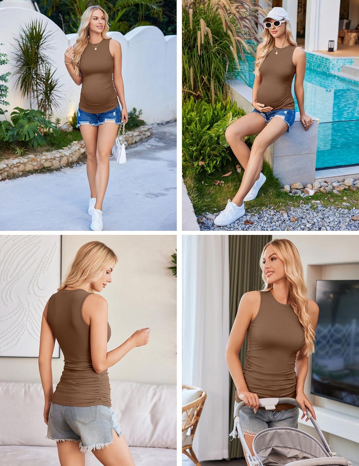 imageEkouaer Women Maternity Tank Tops 3 Packs Crew Neck Ribbed Pregnancy Shirts Mama Clothes3pcs Black Brown Beige