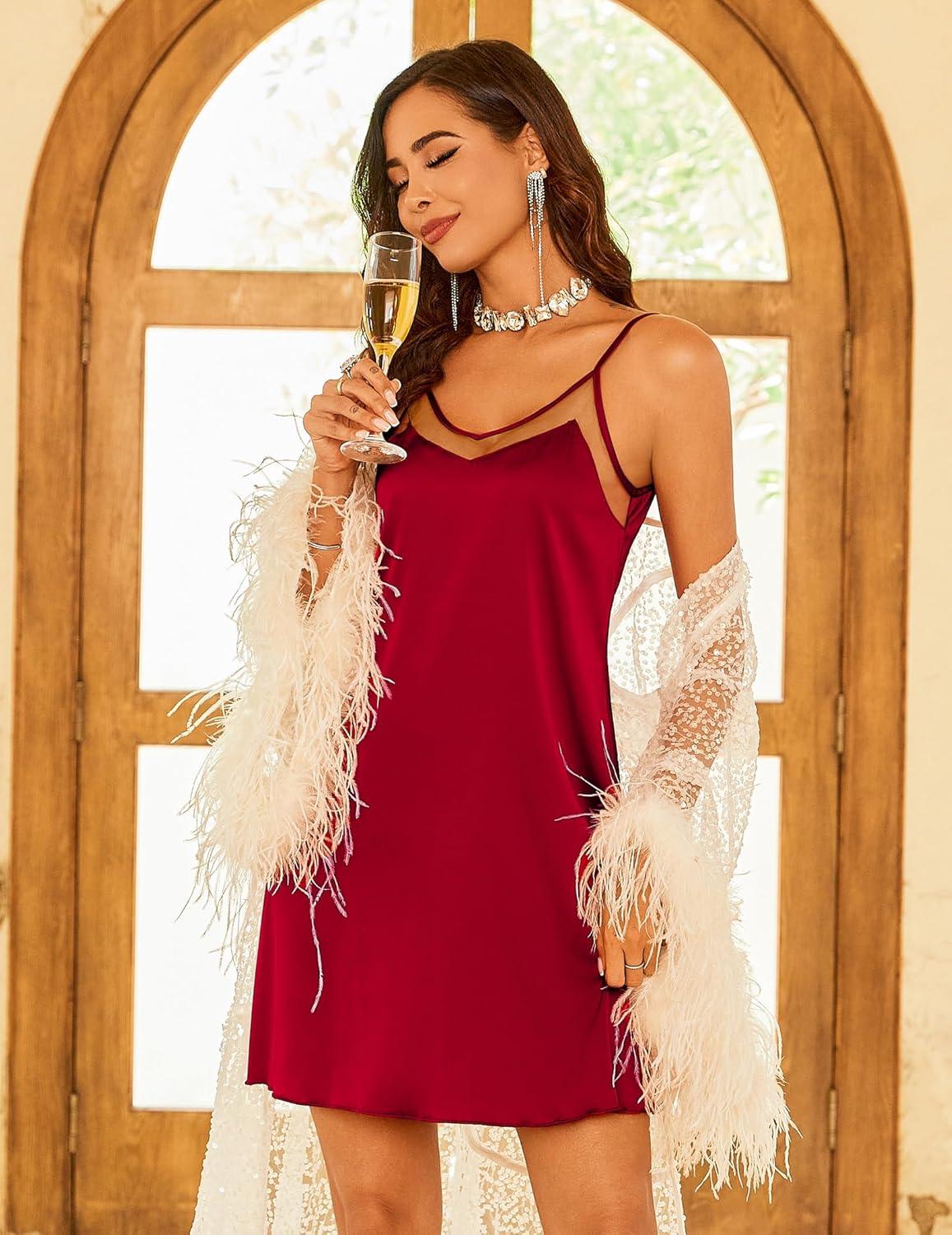 imageEkouaer Womens 2 Pack Silky Nightgowns Sexy Lingerie Sleepwear Satin Negligee Chmeise Nighty Mesh V Neck NightwearPurpleWine Red