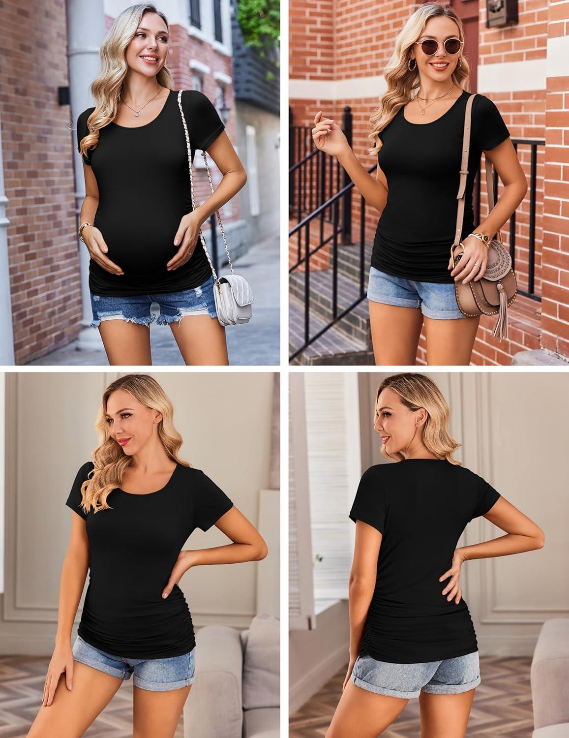 imageEkouaer Womens Maternity Shirts 3 Packs Side Ruched Pregnancy Tee Top Tunic Blouse Casual Mama Clothes SXXL3pcs Black Army Green Light Grey