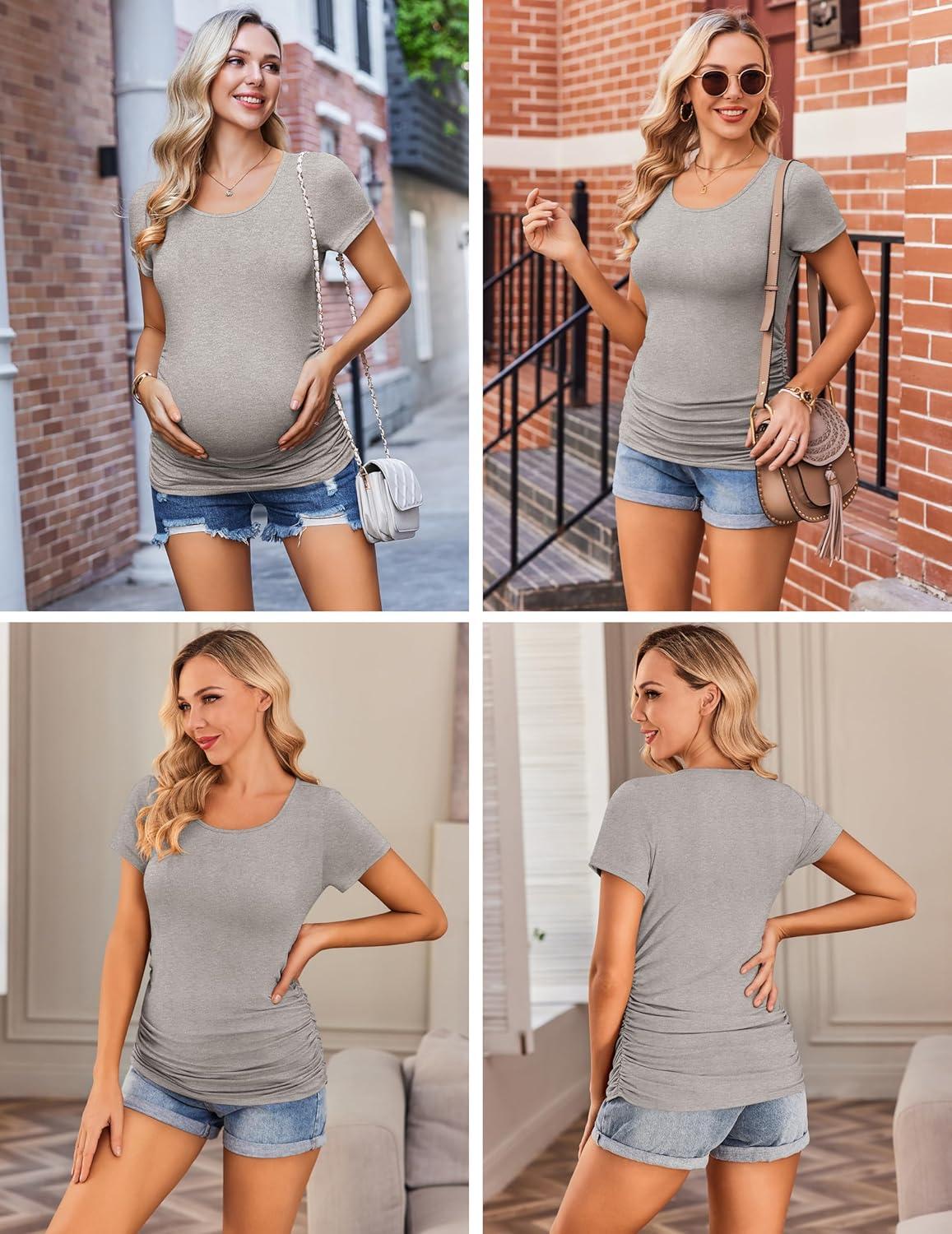 imageEkouaer Womens Maternity Shirts 3 Packs Side Ruched Pregnancy Tee Top Tunic Blouse Casual Mama Clothes SXXL3pcs Black Blue Light Grey