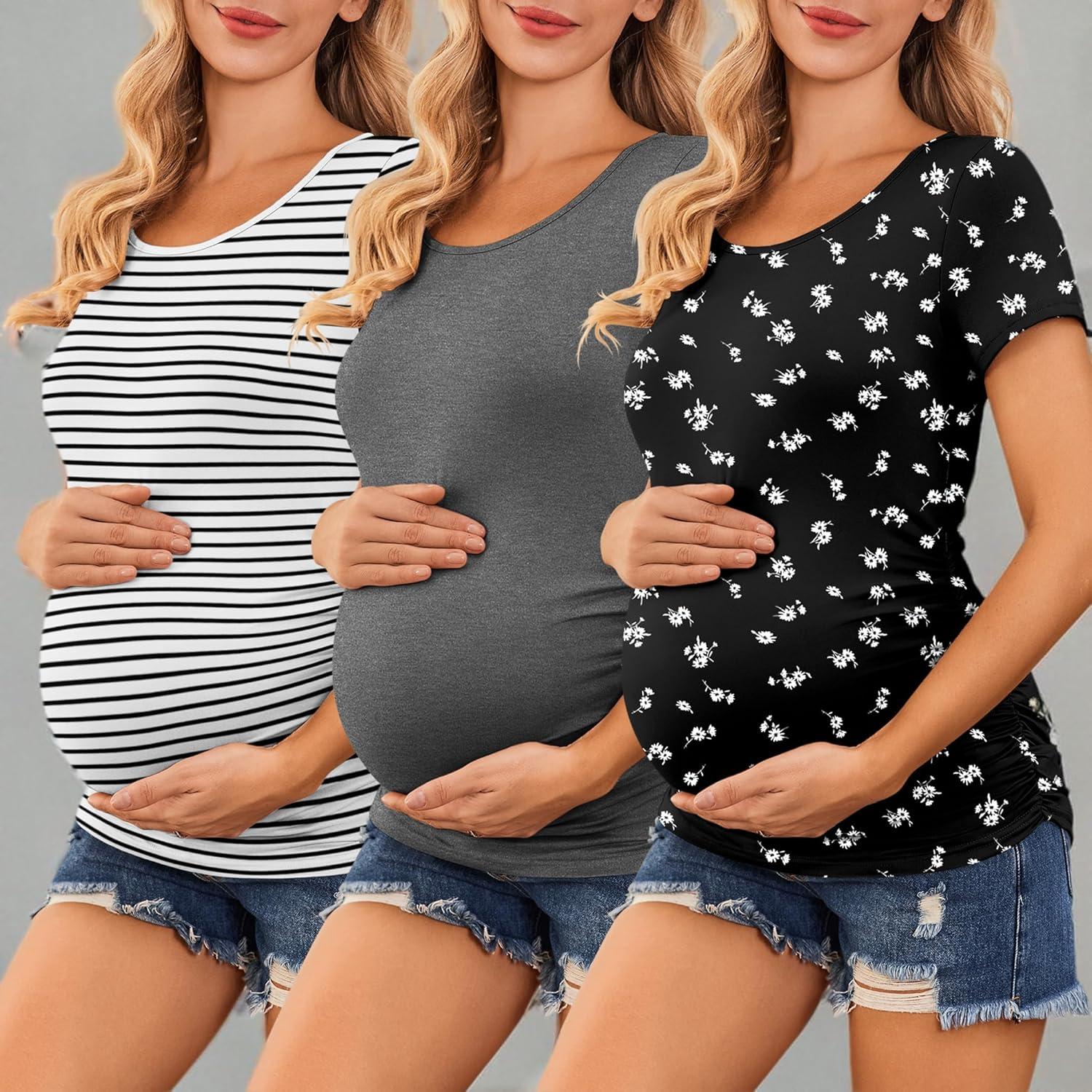 imageEkouaer Womens Maternity Shirts 3 Packs Side Ruched Pregnancy Tee Top Tunic Blouse Casual Mama Clothes SXXL3pcs Black Floral 2 White Stripe