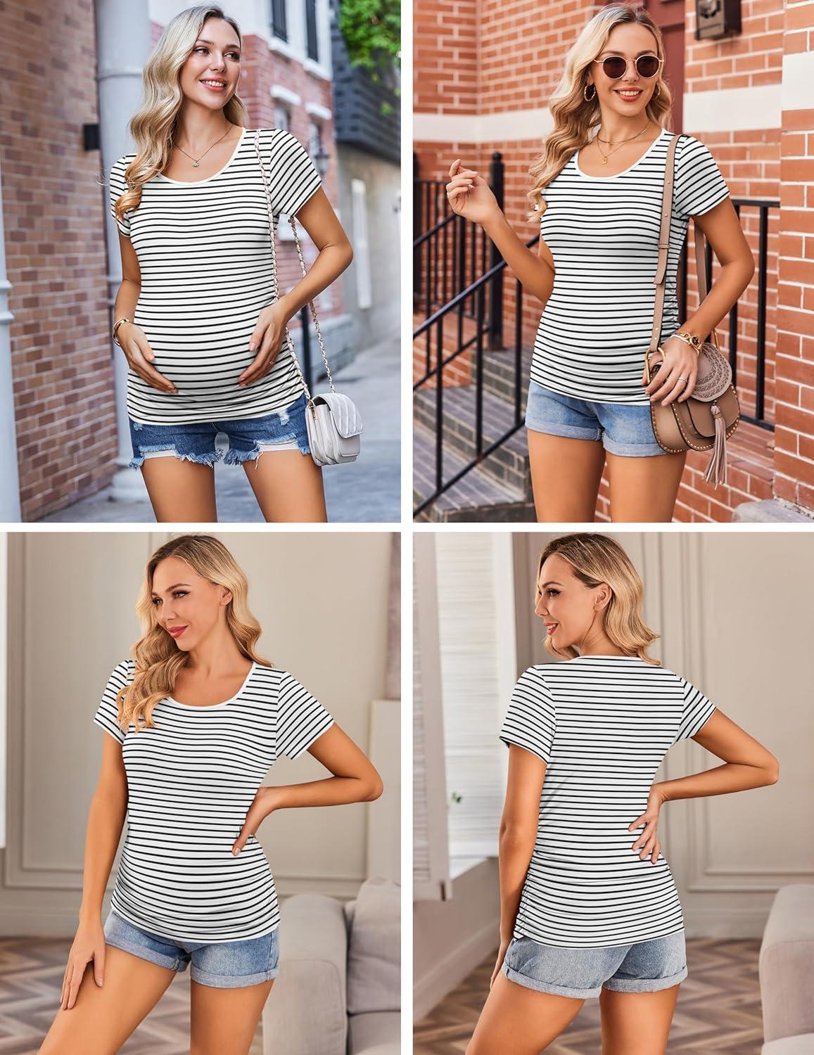 imageEkouaer Womens Maternity Shirts 3 Packs Side Ruched Pregnancy Tee Top Tunic Blouse Casual Mama Clothes SXXL3pcs Black White Stripe Dark Grey