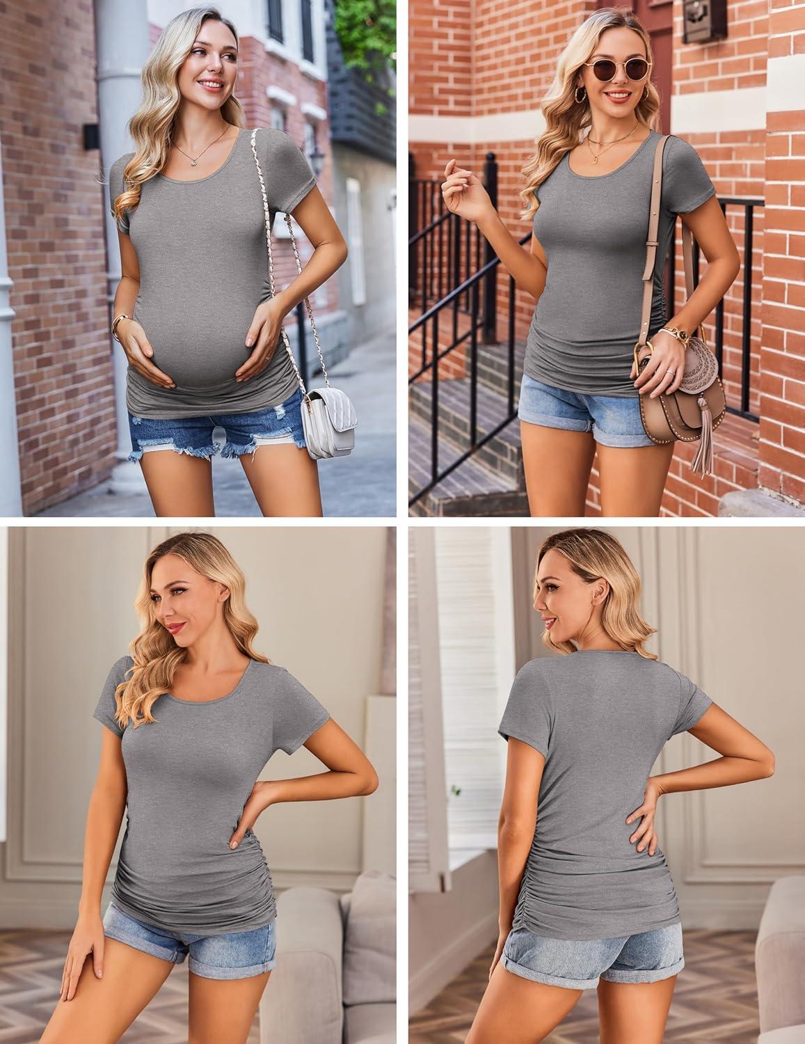imageEkouaer Womens Maternity Shirts 3 Packs Side Ruched Pregnancy Tee Top Tunic Blouse Casual Mama Clothes SXXL3pcs Black White Stripe Dark Grey