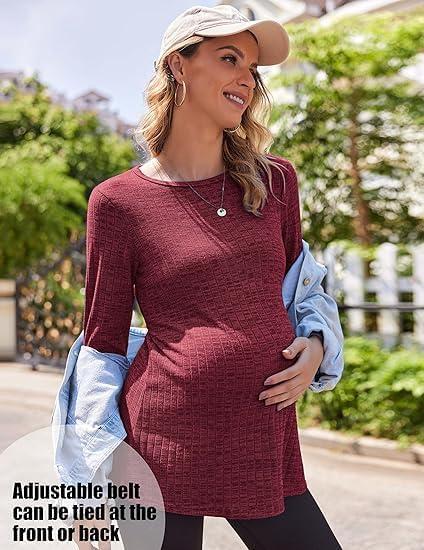imageEkouaer Womens Maternity Shirts Long Sleeve Pregnancy Tops Casual Ribbed Knit Winter Pregnant BlousesA Wine Red