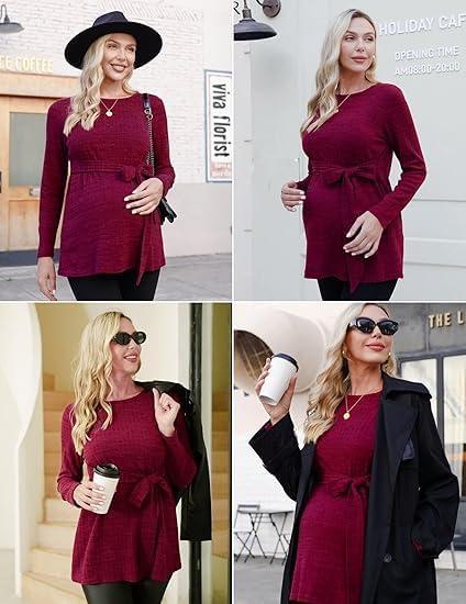 imageEkouaer Womens Maternity Shirts Long Sleeve Pregnancy Tops Casual Ribbed Knit Winter Pregnant BlousesA Wine Red