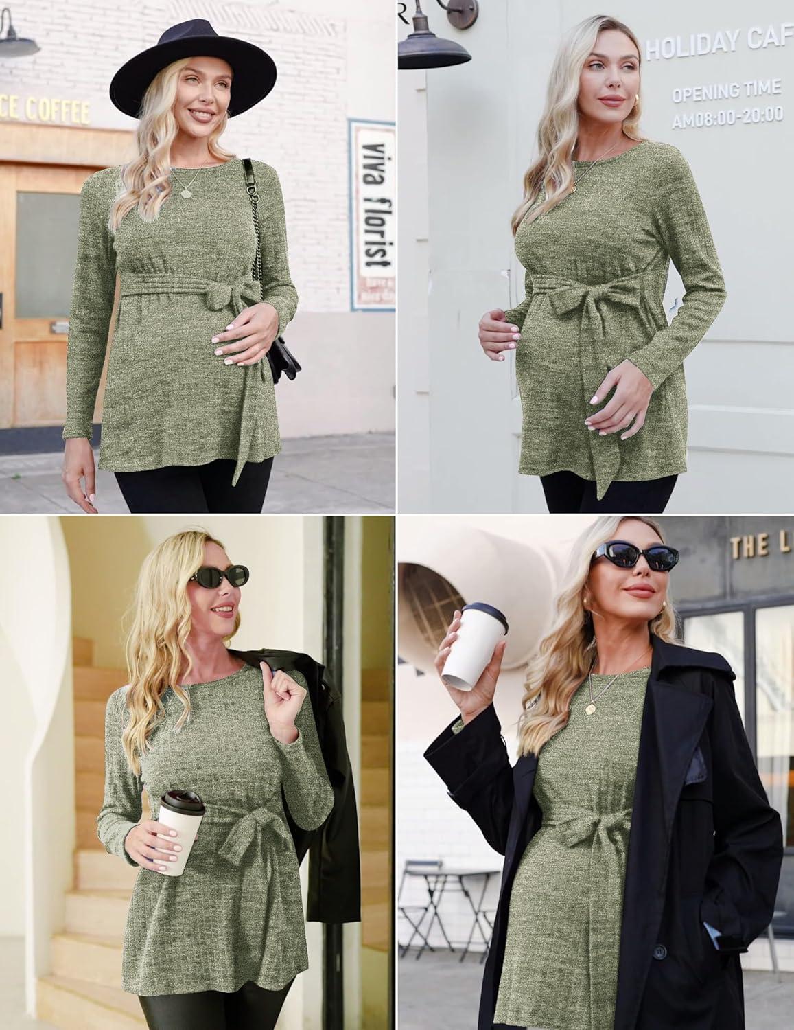 imageEkouaer Womens Maternity Shirts Long Sleeve Pregnancy Tops Casual Ribbed Knit Winter Pregnant BlousesArmy Green