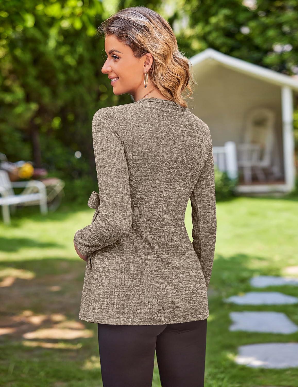 imageEkouaer Womens Maternity Shirts Long Sleeve Pregnancy Tops Casual Ribbed Knit Winter Pregnant BlousesBrown