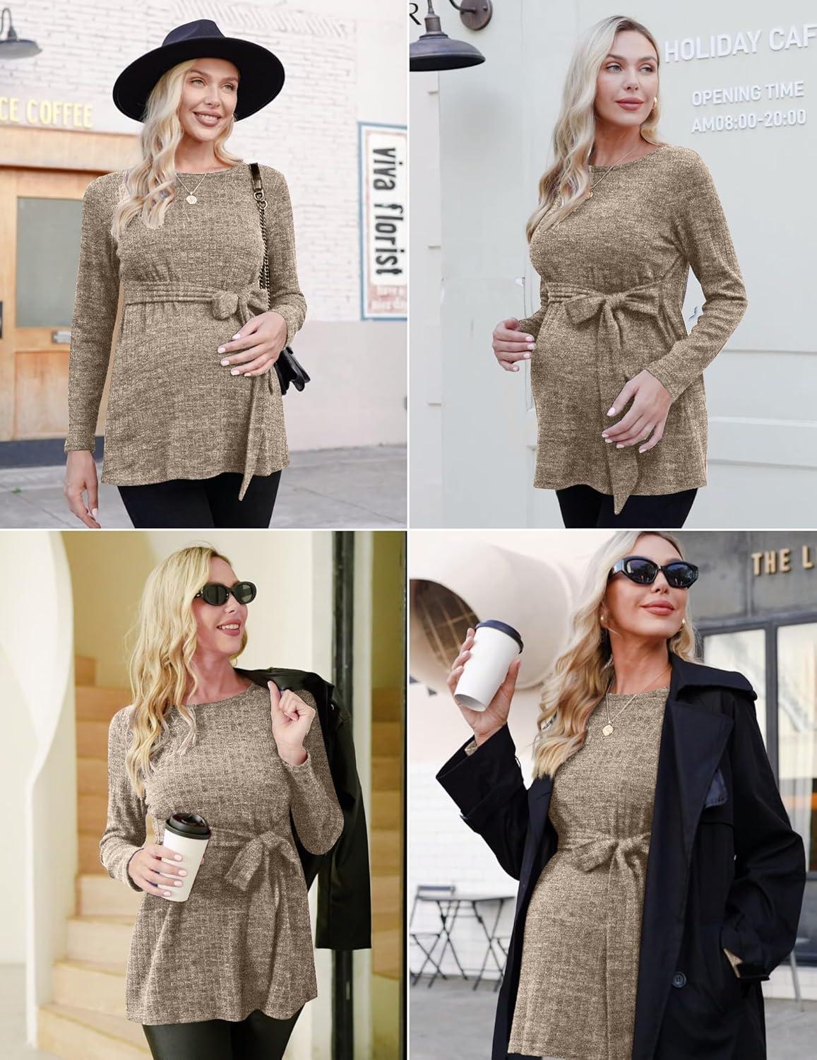 imageEkouaer Womens Maternity Shirts Long Sleeve Pregnancy Tops Casual Ribbed Knit Winter Pregnant BlousesBrown