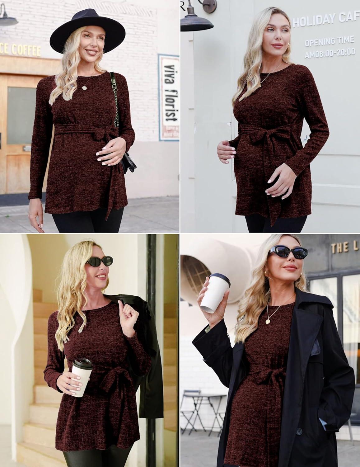 imageEkouaer Womens Maternity Shirts Long Sleeve Pregnancy Tops Casual Ribbed Knit Winter Pregnant BlousesCaramel Dark Brown