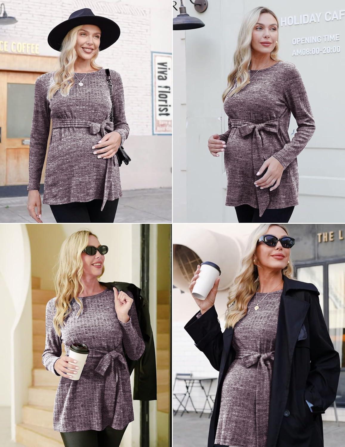 imageEkouaer Womens Maternity Shirts Long Sleeve Pregnancy Tops Casual Ribbed Knit Winter Pregnant BlousesDark Purple