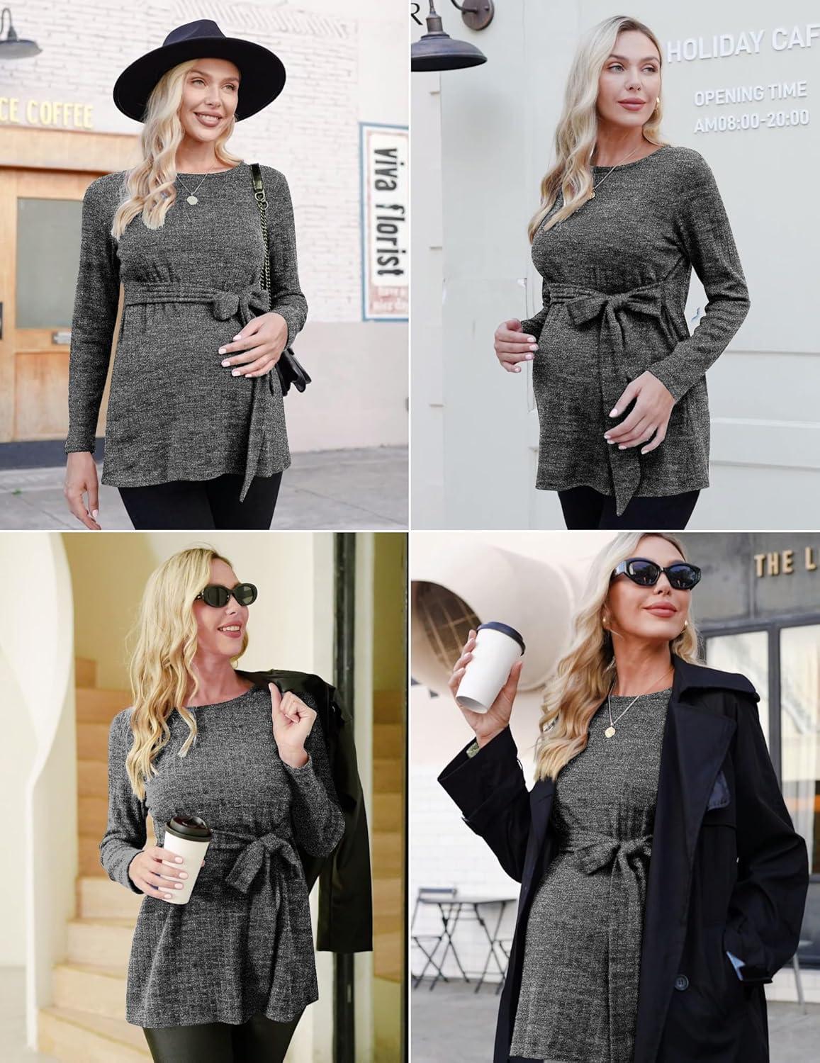 imageEkouaer Womens Maternity Shirts Long Sleeve Pregnancy Tops Casual Ribbed Knit Winter Pregnant BlousesMedium Grey