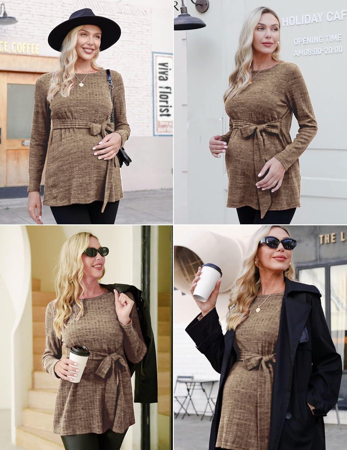 imageEkouaer Womens Maternity Shirts Long Sleeve Pregnancy Tops Casual Ribbed Knit Winter Pregnant BlousesMocha Brown