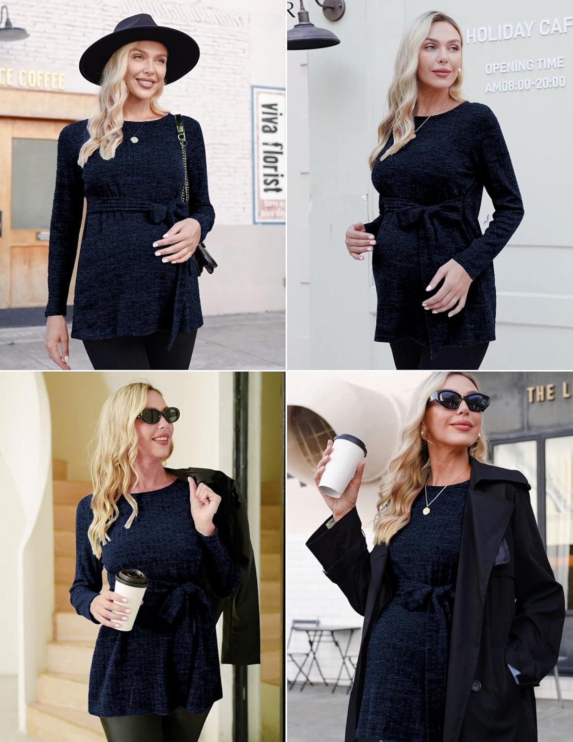 imageEkouaer Womens Maternity Shirts Long Sleeve Pregnancy Tops Casual Ribbed Knit Winter Pregnant BlousesNavyblue