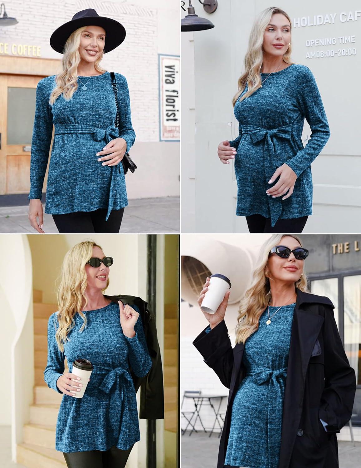 imageEkouaer Womens Maternity Shirts Long Sleeve Pregnancy Tops Casual Ribbed Knit Winter Pregnant BlousesPeacock Blue