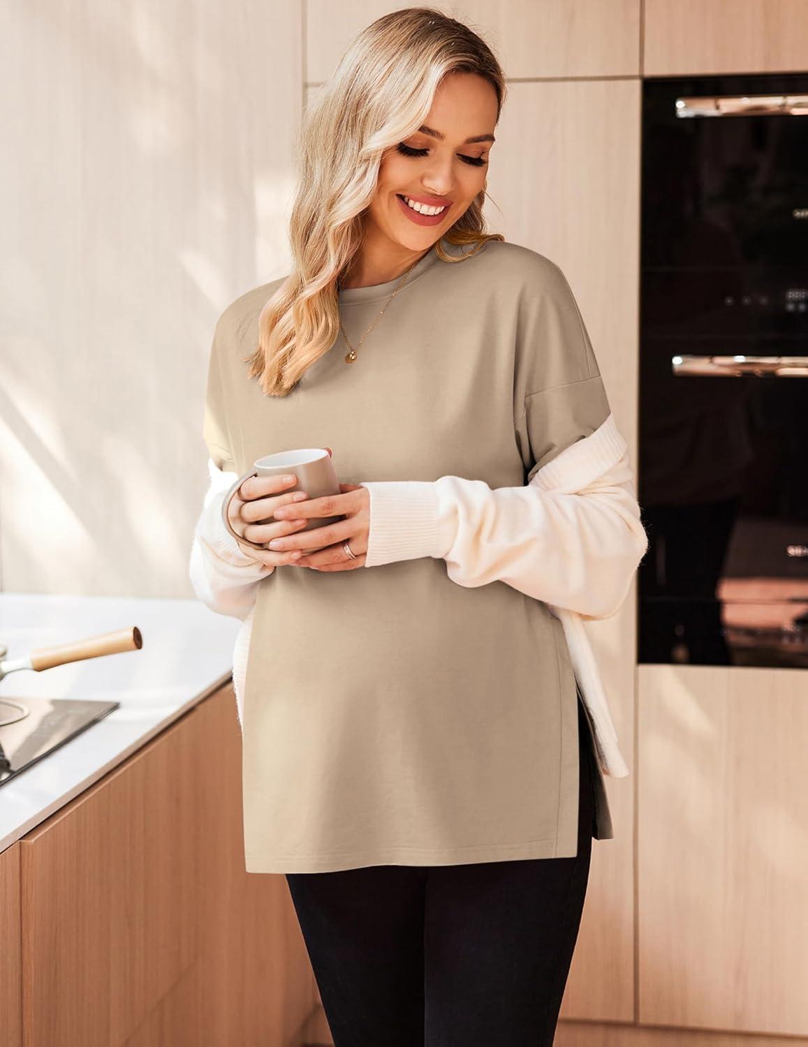 imageEkouaer Womens Maternity Shirts Long Sleeve Split Side Pregnancy Tee Top Tunic Blouse Casual Mama ClothesKhaki 1