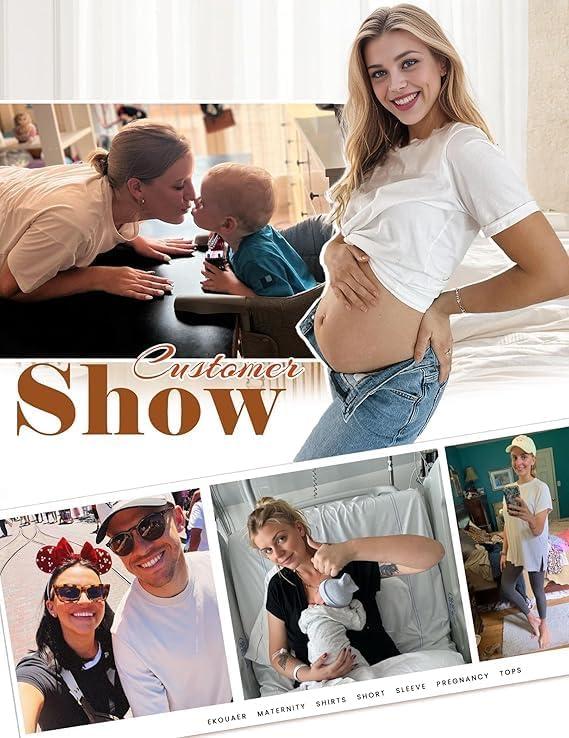 imageEkouaer Womens Maternity Shirts Short Sleeve Pregnancy Tops Blouses Split Side Casual Crewneck Pregnant Tunic TeeGrey Striped