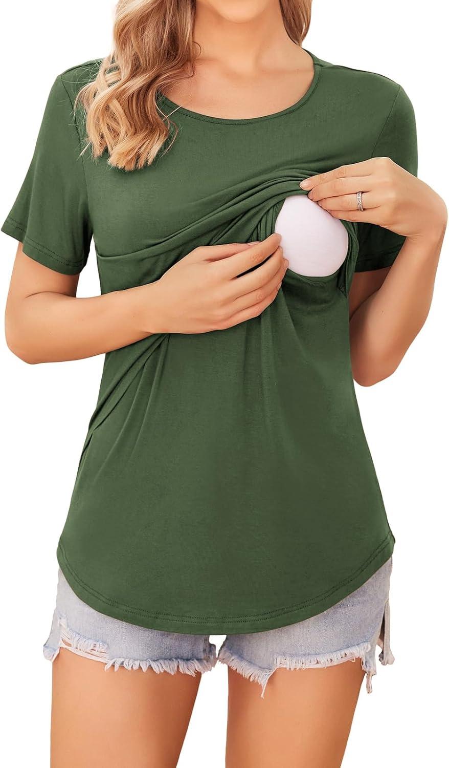 imageEkouaer Womens Maternity Shirts Short Sleeves Nursing Tops 3 Pack Double Laye Breastfeeding Tees Pregnancy Clothes SXXL3pcs Black Army Green Dirty Pink