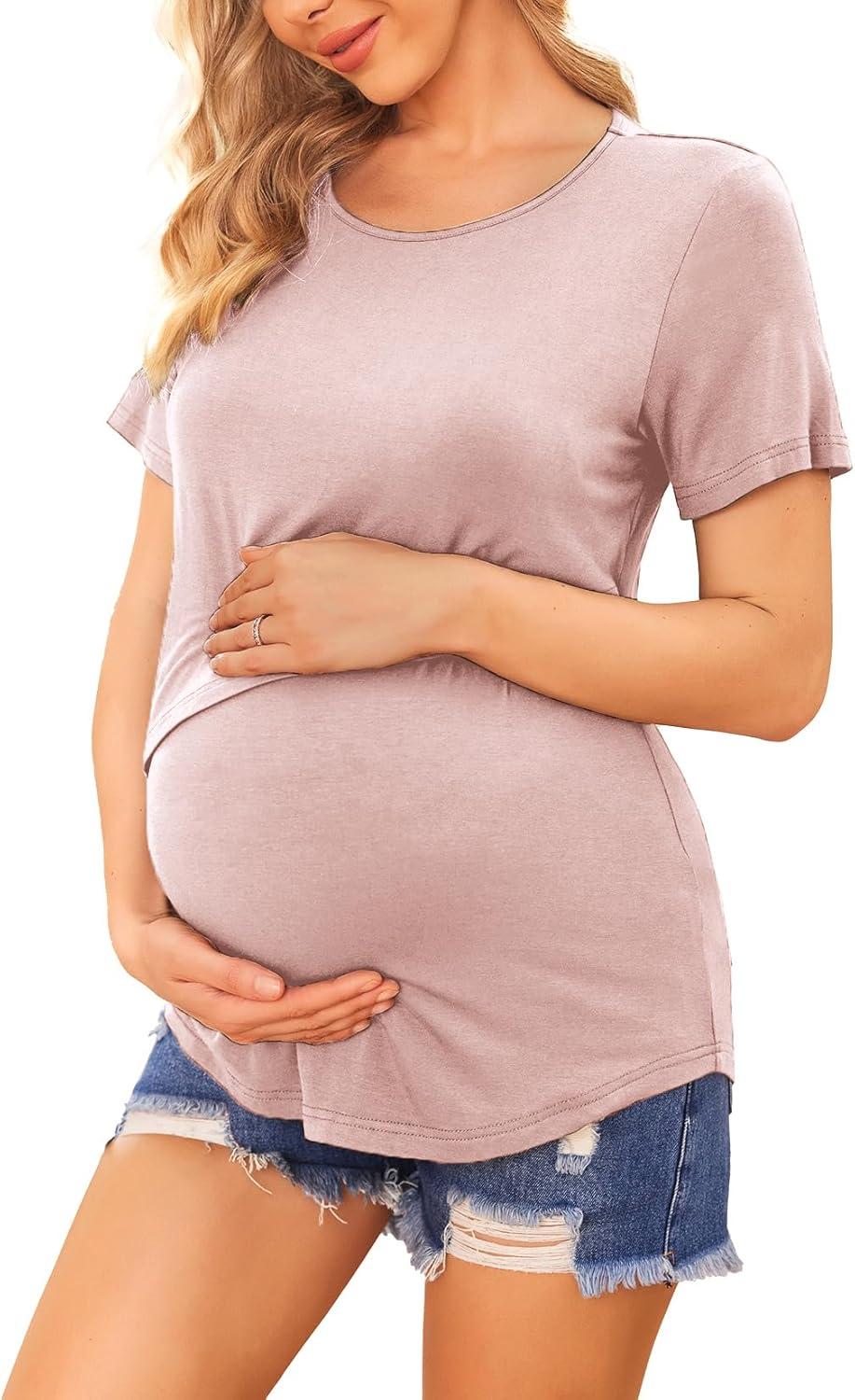 imageEkouaer Womens Maternity Shirts Short Sleeves Nursing Tops 3 Pack Double Laye Breastfeeding Tees Pregnancy Clothes SXXL3pcs Black Army Green Dirty Pink