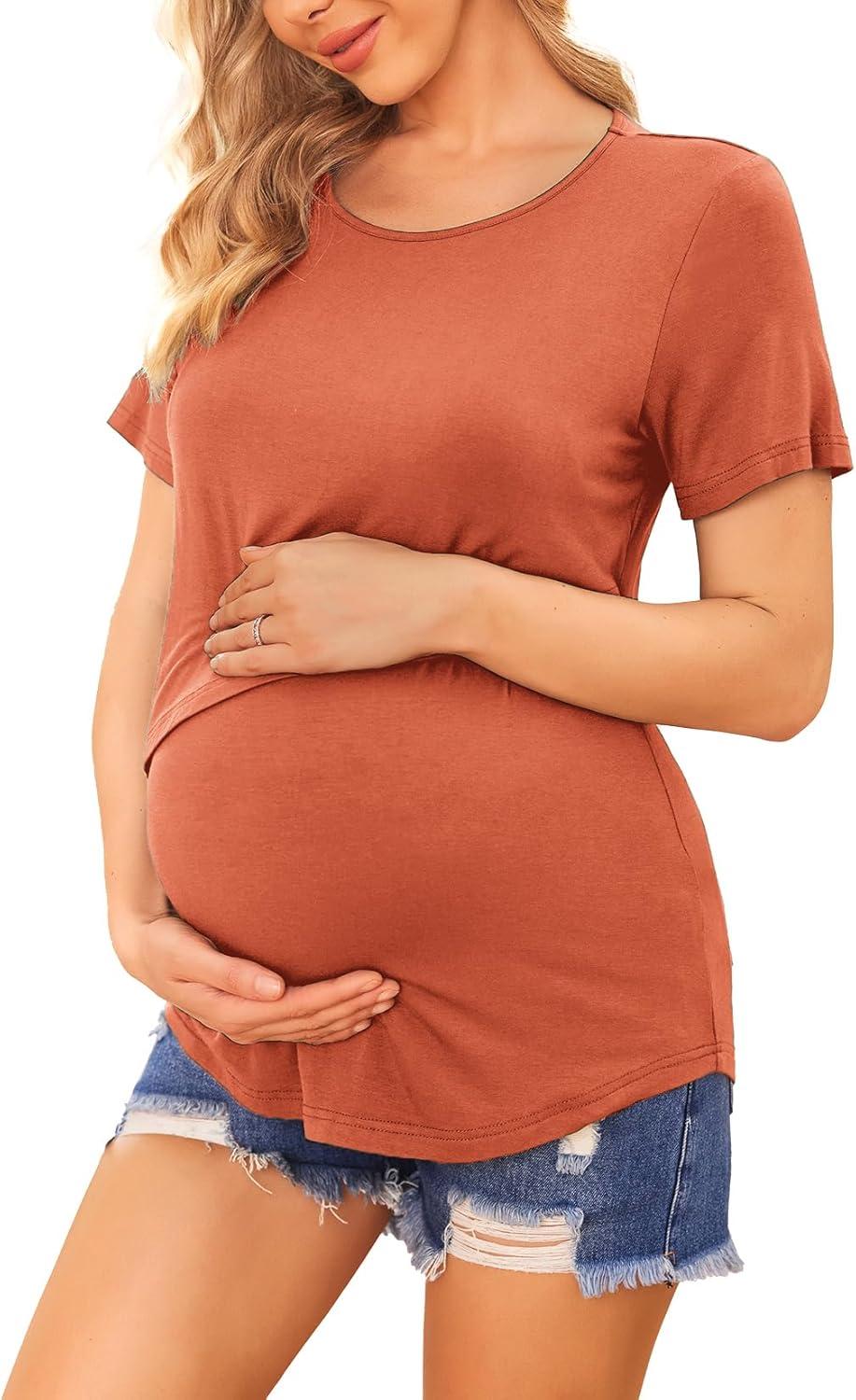 imageEkouaer Womens Maternity Shirts Short Sleeves Nursing Tops 3 Pack Double Laye Breastfeeding Tees Pregnancy Clothes SXXL3pcs Black Caramel Dirty Pink