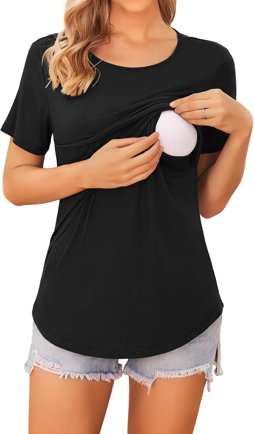 imageEkouaer Womens Maternity Shirts Short Sleeves Nursing Tops 3 Pack Double Laye Breastfeeding Tees Pregnancy Clothes SXXL3pcs Black Caramel Dirty Pink
