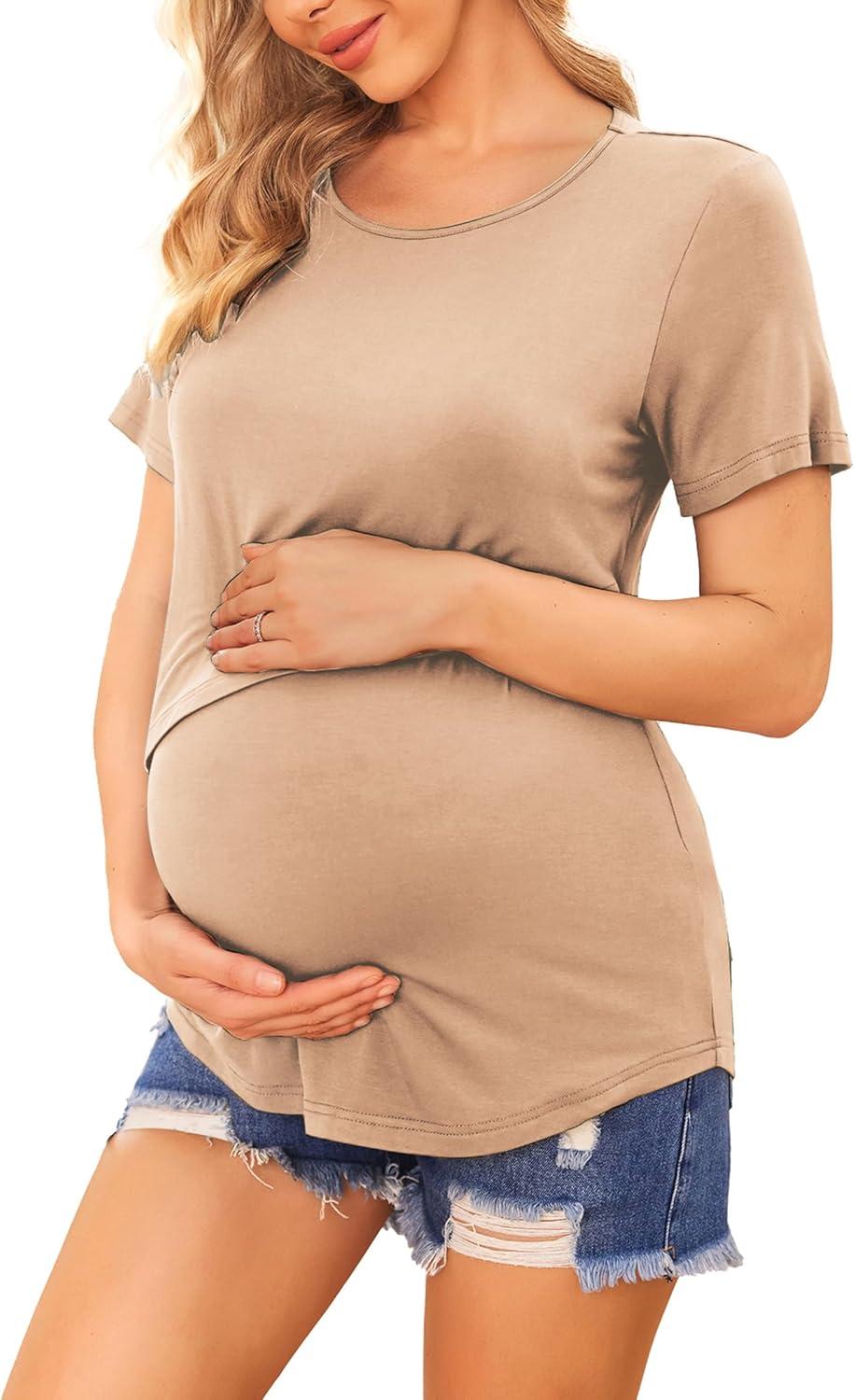 imageEkouaer Womens Maternity Shirts Short Sleeves Nursing Tops 3 Pack Double Laye Breastfeeding Tees Pregnancy Clothes SXXL3pcs Black Khaki Army Green
