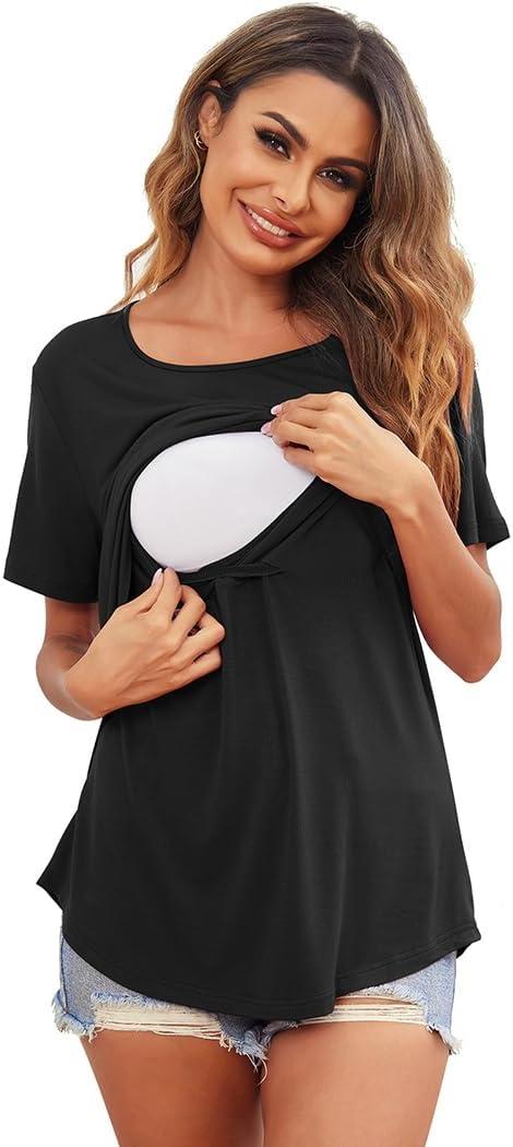 imageEkouaer Womens Maternity Shirts Short Sleeves Nursing Tops 3 Pack Double Laye Breastfeeding Tees Pregnancy Clothes SXXL3pcs Black Khaki Army Green