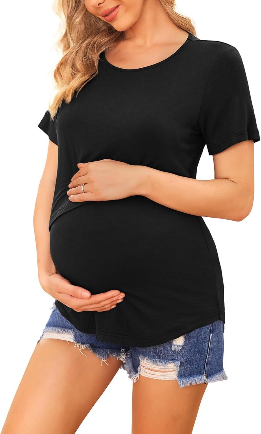imageEkouaer Womens Maternity Shirts Short Sleeves Nursing Tops 3 Pack Double Laye Breastfeeding Tees Pregnancy Clothes SXXL3pcs Black Khaki Light Gray