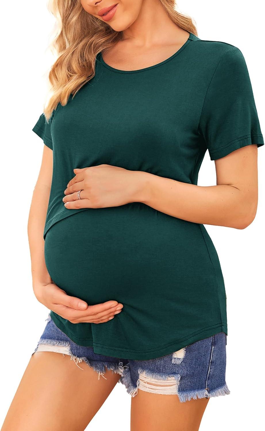 imageEkouaer Womens Maternity Shirts Short Sleeves Nursing Tops 3 Pack Double Laye Breastfeeding Tees Pregnancy Clothes SXXL3pcs Red Lake Green Blue Green