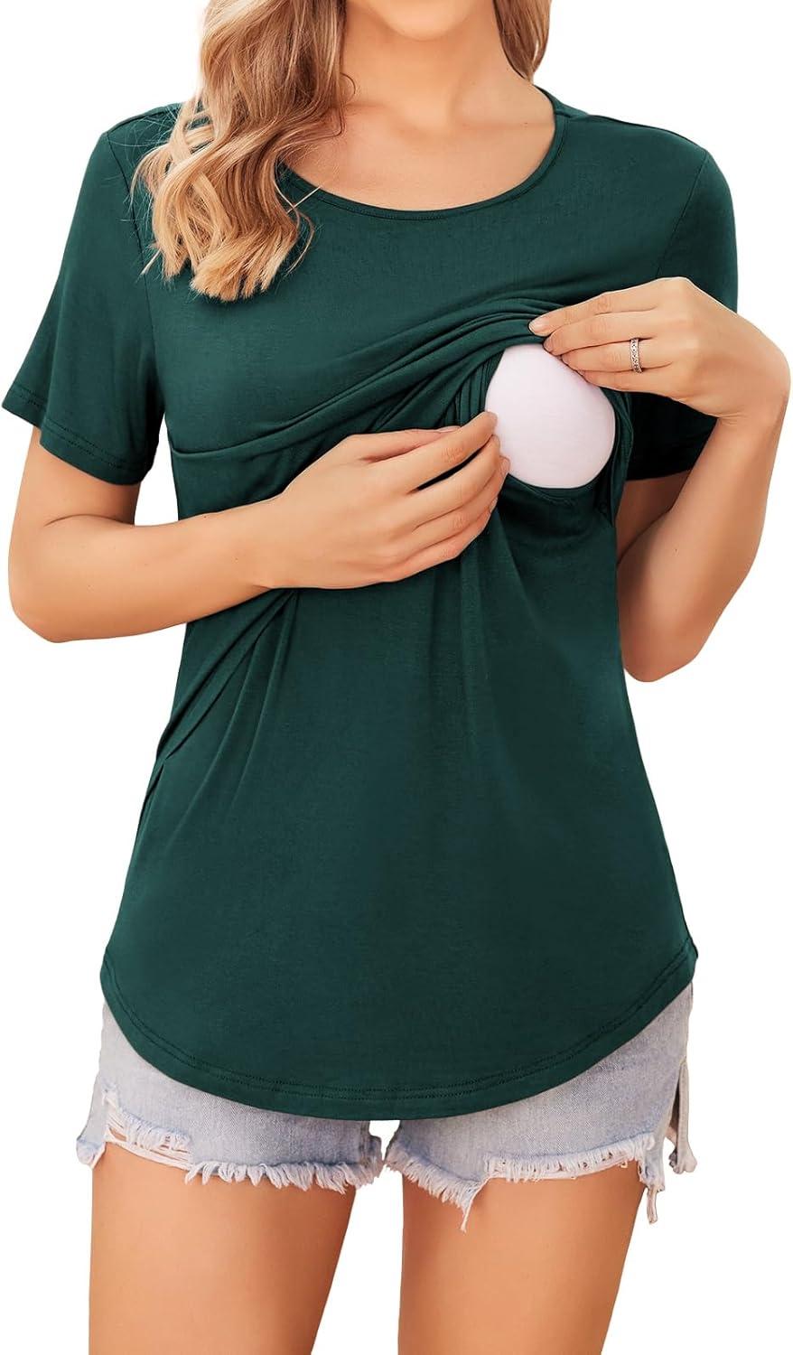 imageEkouaer Womens Maternity Shirts Short Sleeves Nursing Tops 3 Pack Double Laye Breastfeeding Tees Pregnancy Clothes SXXL3pcs Red Lake Green Blue Green