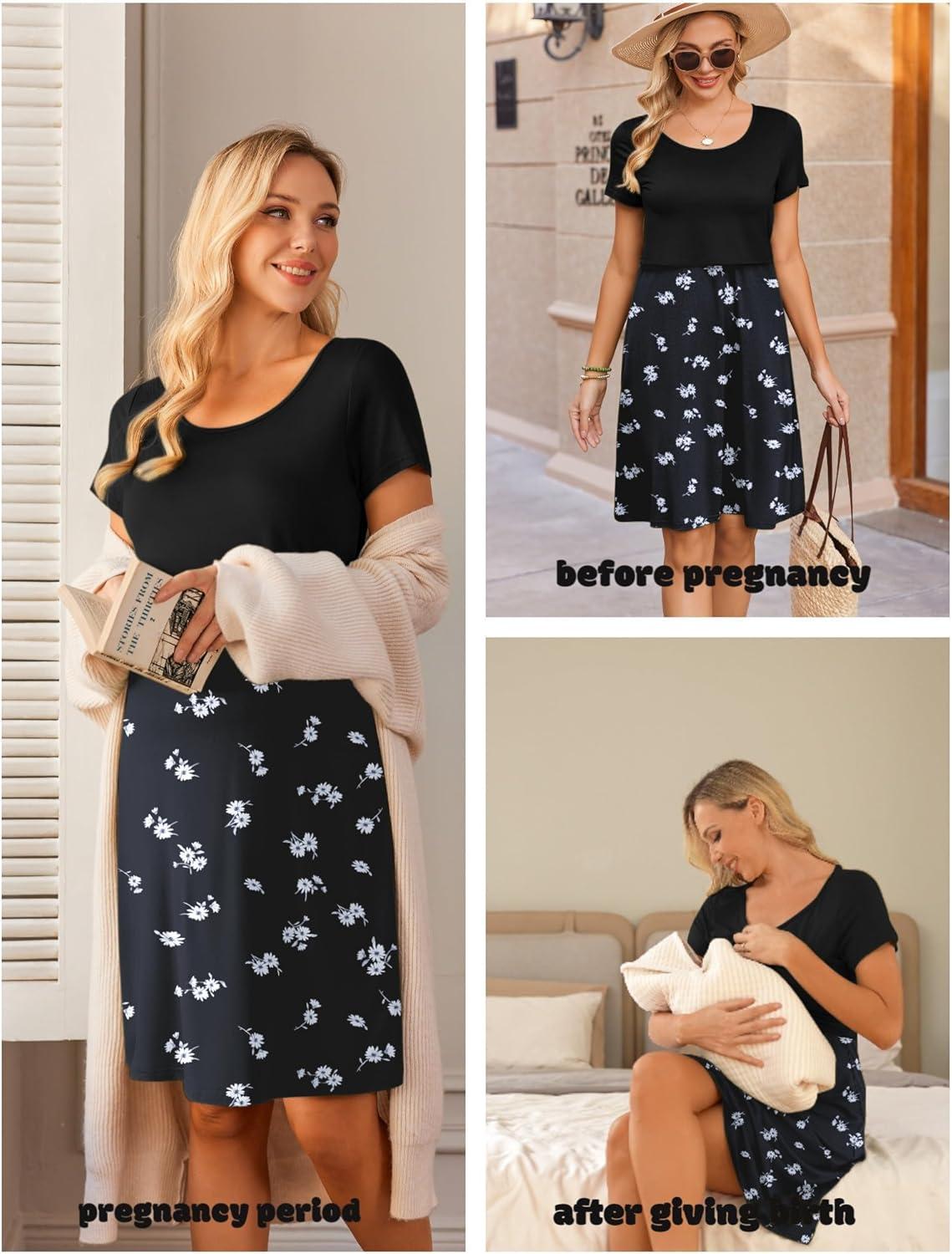 imageEkouaer Womens Nursing Dress Summer Short Sleeve Patchwork Maternity Breastfeeding Knee Length DressBlackfloral White