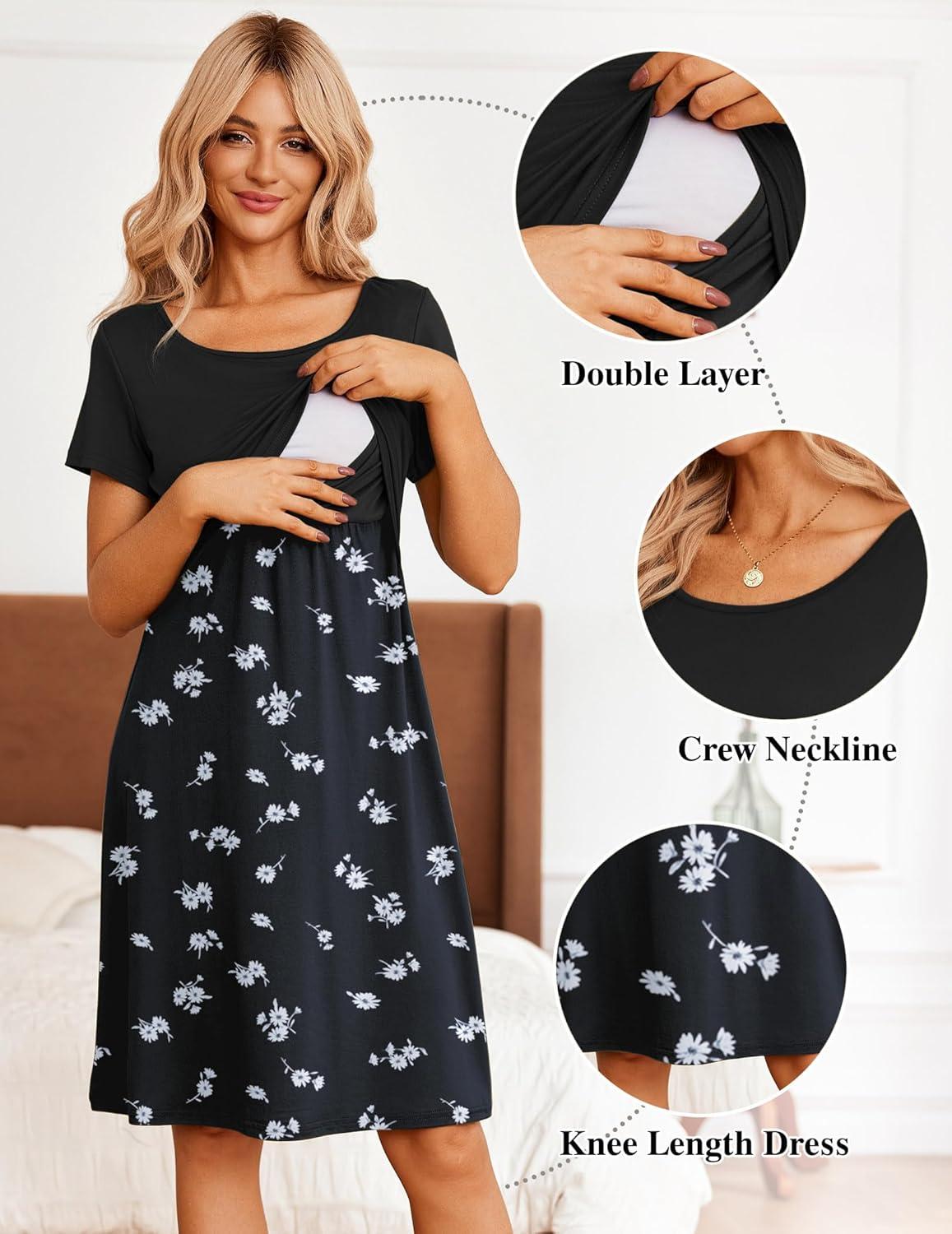 imageEkouaer Womens Nursing Dress Summer Short Sleeve Patchwork Maternity Breastfeeding Knee Length DressBlackfloral White