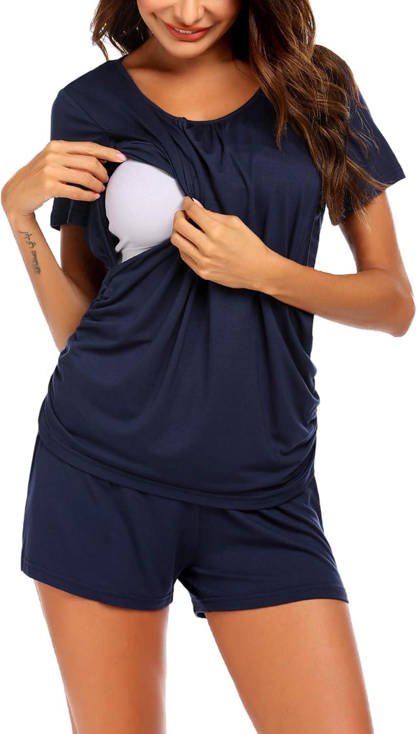 imageEkouaer Womens Nursing Pajamas Maternity Breastfeeding Pjs Sleepwear Layer Soft Postpartum Lounge Set Pregnancy ClothesA Navy Blue