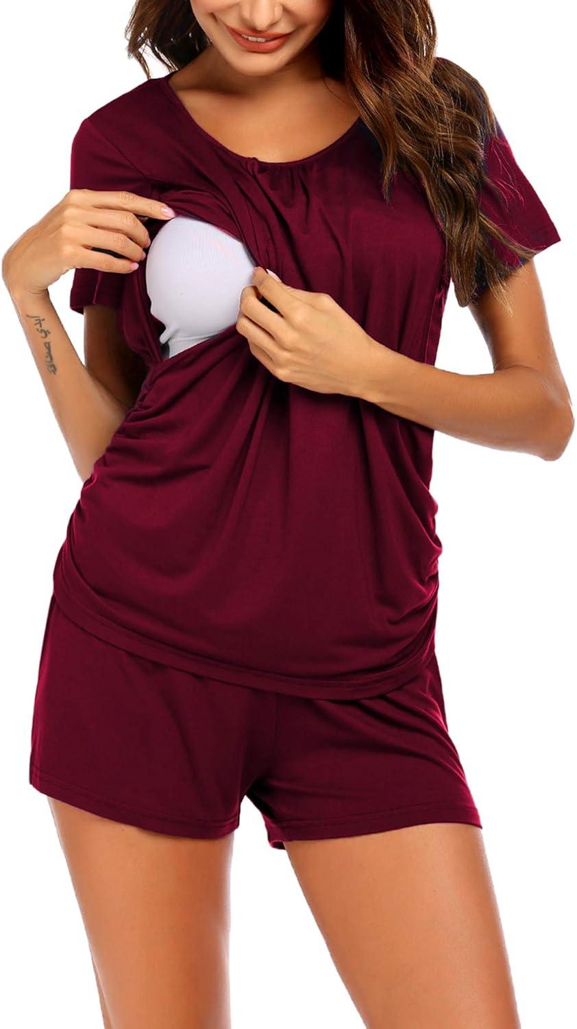 imageEkouaer Womens Nursing Pajamas Maternity Breastfeeding Pjs Sleepwear Layer Soft Postpartum Lounge Set Pregnancy ClothesA Wine Red
