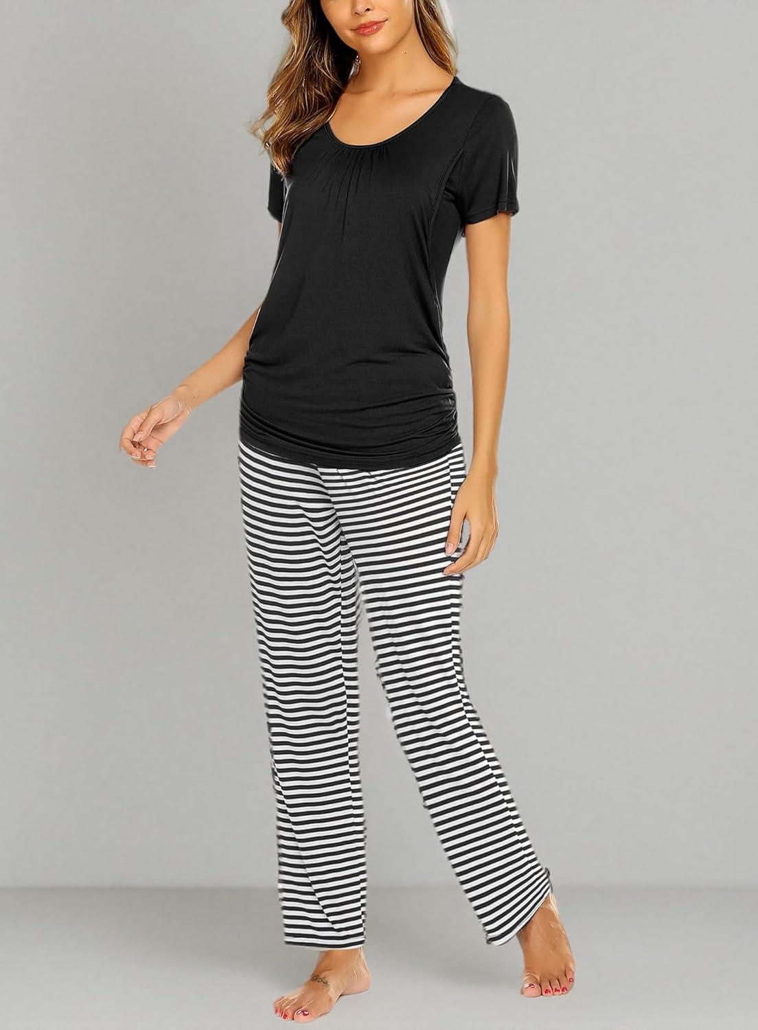 imageEkouaer Womens Nursing Pajamas Maternity Breastfeeding Pjs Sleepwear Layer Soft Postpartum Lounge Set Pregnancy ClothesB Stripe Black