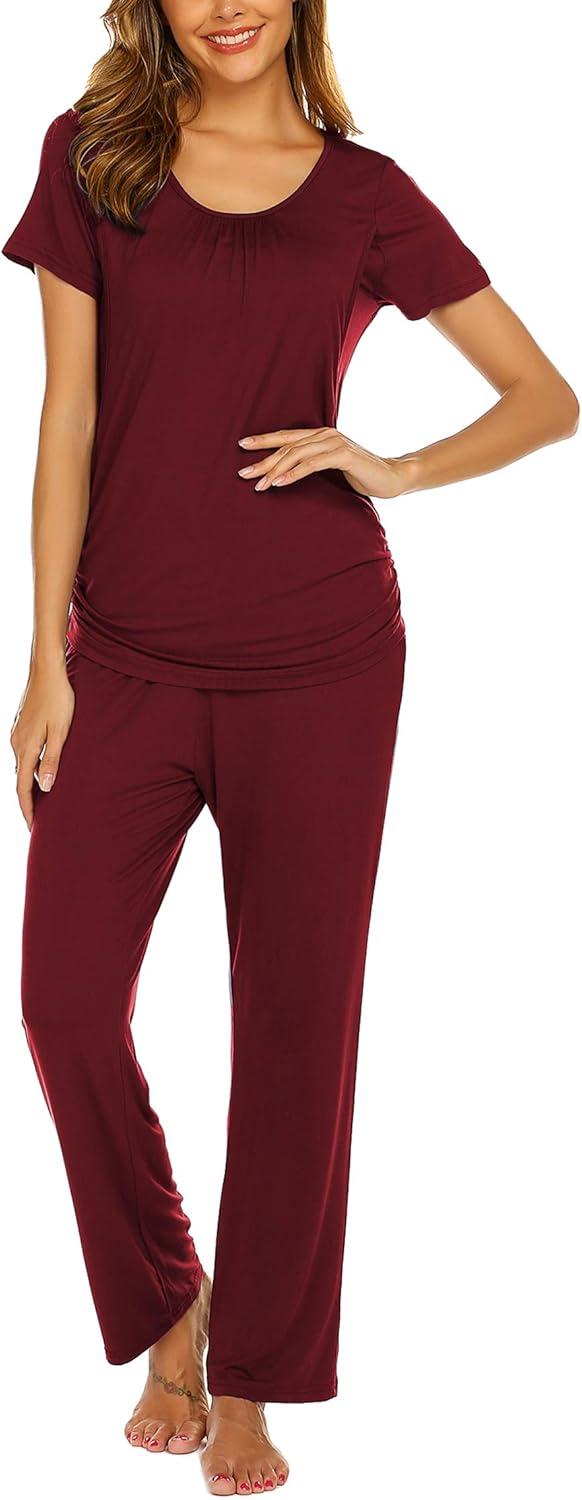 imageEkouaer Womens Nursing Pajamas Maternity Breastfeeding Pjs Sleepwear Layer Soft Postpartum Lounge Set Pregnancy ClothesB Wine Red