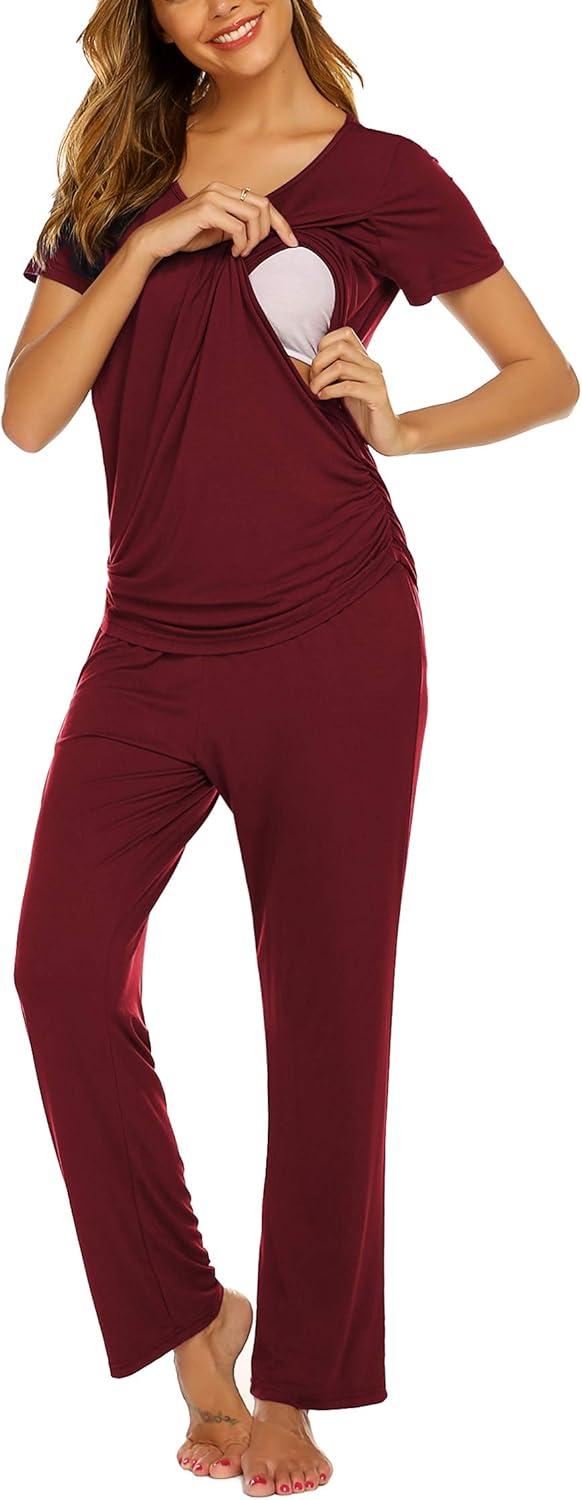 imageEkouaer Womens Nursing Pajamas Maternity Breastfeeding Pjs Sleepwear Layer Soft Postpartum Lounge Set Pregnancy ClothesB Wine Red