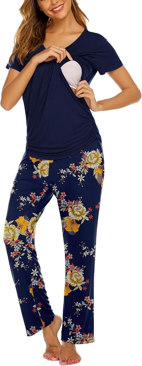imageEkouaer Womens Nursing Pajamas Maternity Breastfeeding Pjs Sleepwear Layer Soft Postpartum Lounge Set Pregnancy ClothesFloral Navy Blue