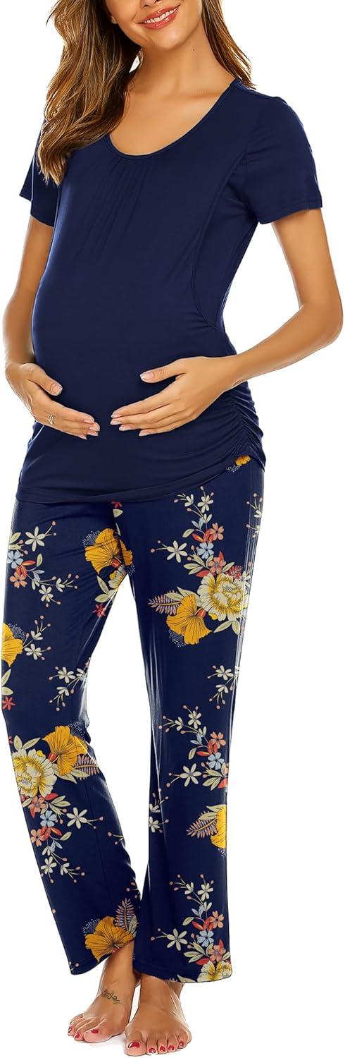 imageEkouaer Womens Nursing Pajamas Maternity Breastfeeding Pjs Sleepwear Layer Soft Postpartum Lounge Set Pregnancy ClothesFloral Navy Blue