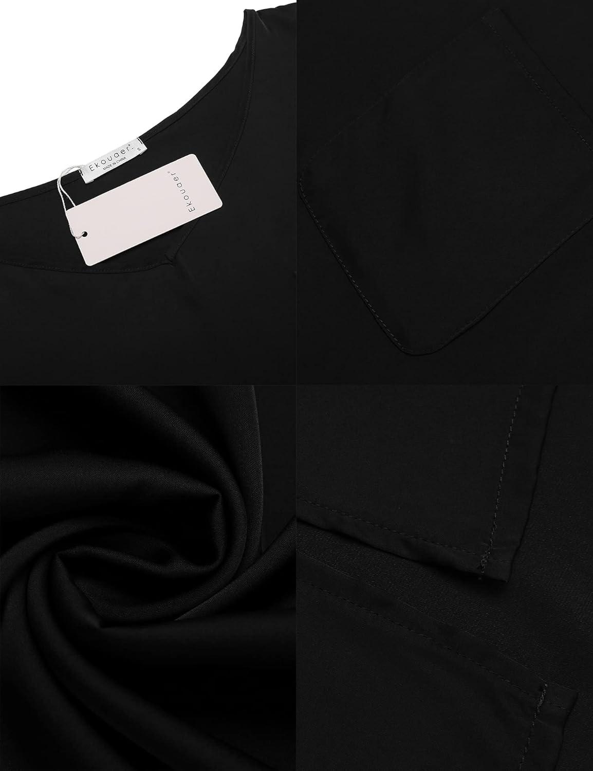 imageEkouaer Womens Satin Nightgowns V Neck Side Split Sleepshirt Short Sleeves Sleepwear Chest Pocket Nightshirt SXXLBlack