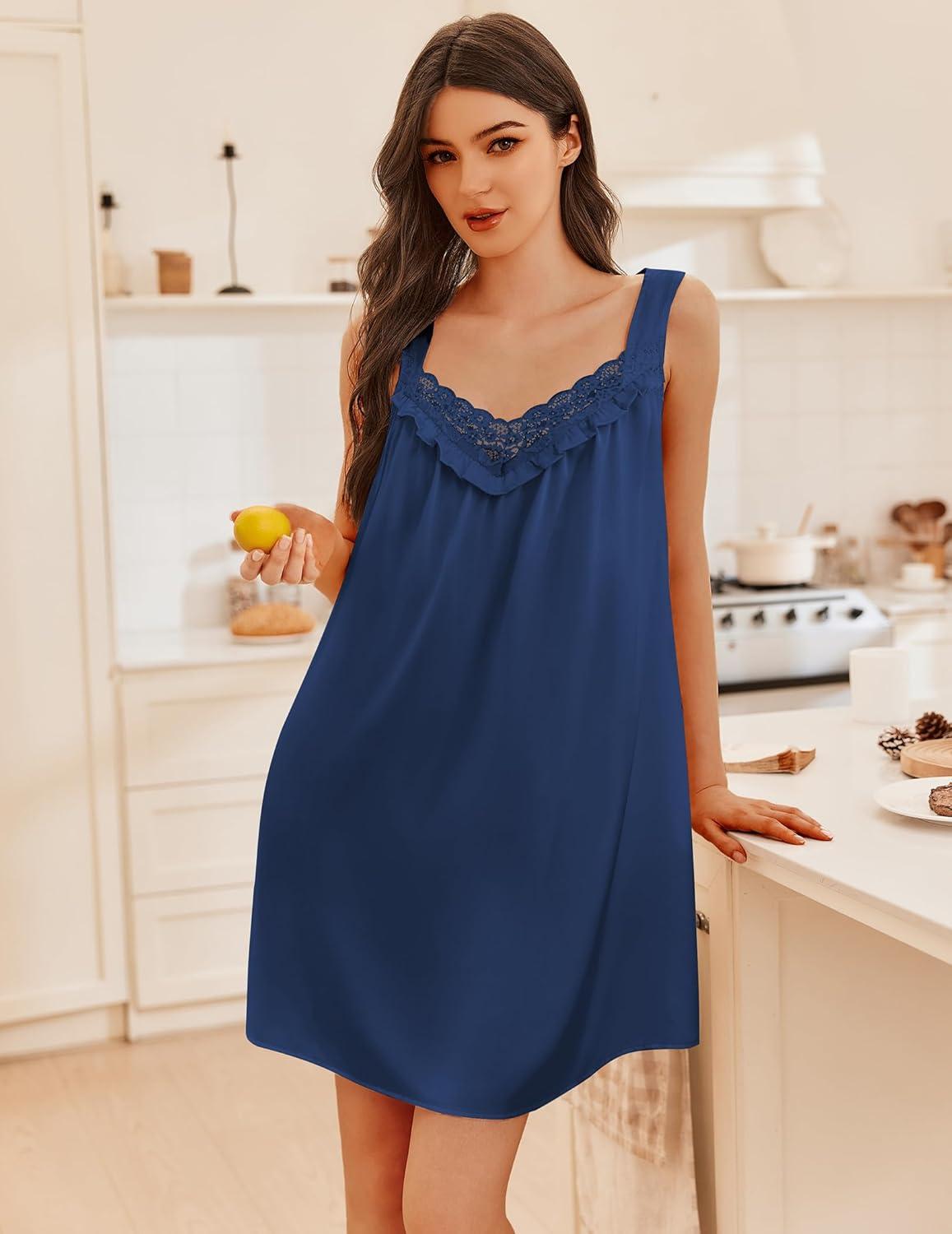 imageEkouaer Womens Satin Silk Nightgown V Neck Sexy Nightdress Tank Sleeveless Sleepshirt Lace Sleep Dress Nightwear SXXXLDark Blue