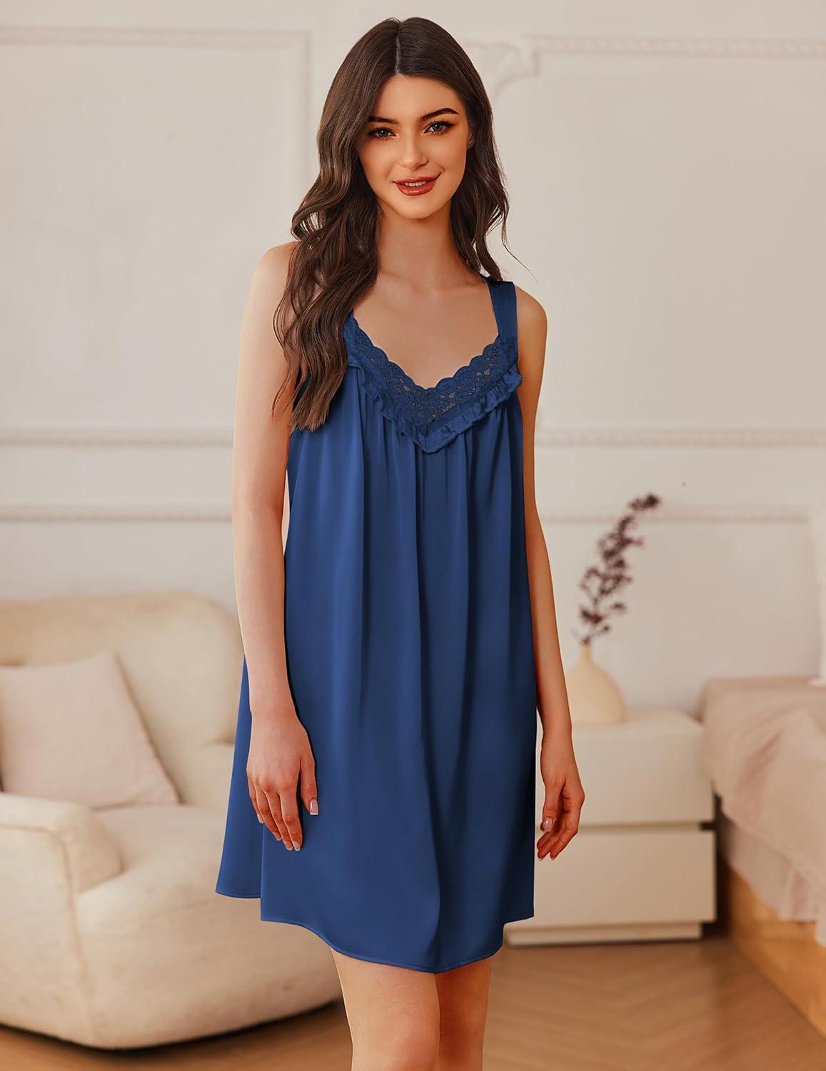 imageEkouaer Womens Satin Silk Nightgown V Neck Sexy Nightdress Tank Sleeveless Sleepshirt Lace Sleep Dress Nightwear SXXXLDark Blue