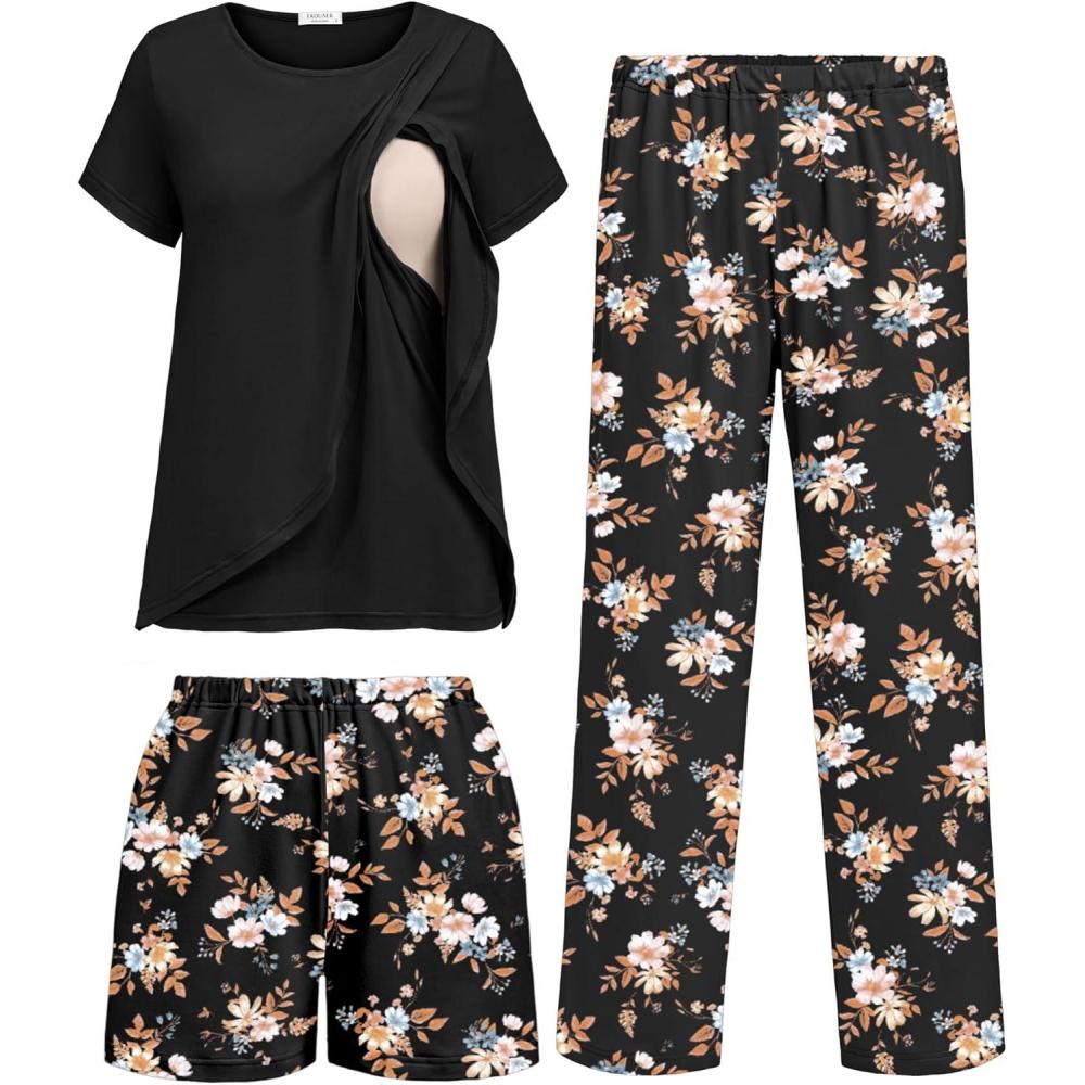 imageEkouaer 3 PCS Maternity Nursing Pajamas Set Postpartum Breastfeeding Short Sleeve Shirts Pregnancy Shorts amp Pants Pjs SXXLBlack Print