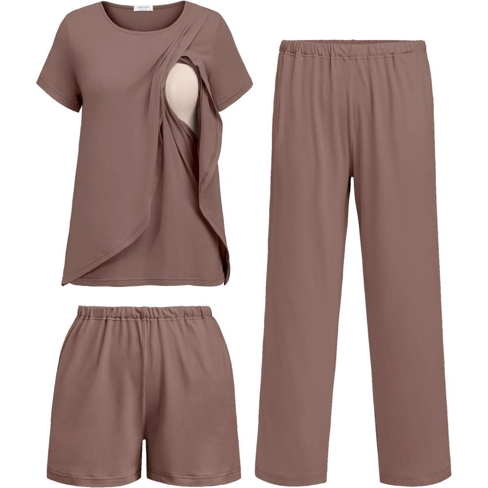 imageEkouaer 3 PCS Maternity Nursing Pajamas Set Postpartum Breastfeeding Short Sleeve Shirts Pregnancy Shorts amp Pants Pjs SXXLBrown